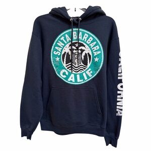 Santa Barbara Cali Mens Hoodie Starbucks Logo Navy Pullover Pocket Sz M
